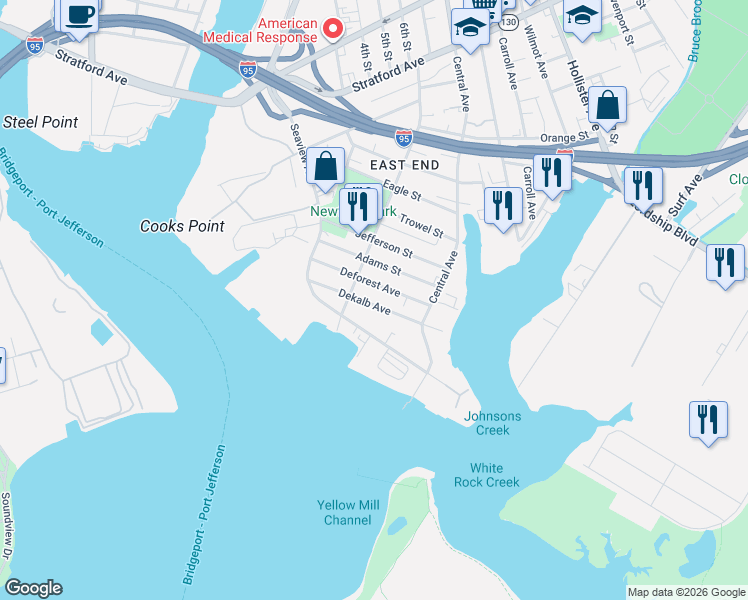 map of restaurants, bars, coffee shops, grocery stores, and more near 188 Deforest Avenue in Bridgeport