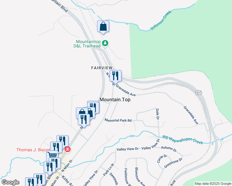map of restaurants, bars, coffee shops, grocery stores, and more near 155 North Main Street in Mountain Top
