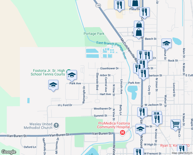 map of restaurants, bars, coffee shops, grocery stores, and more near 770 Arbor St in Fostoria