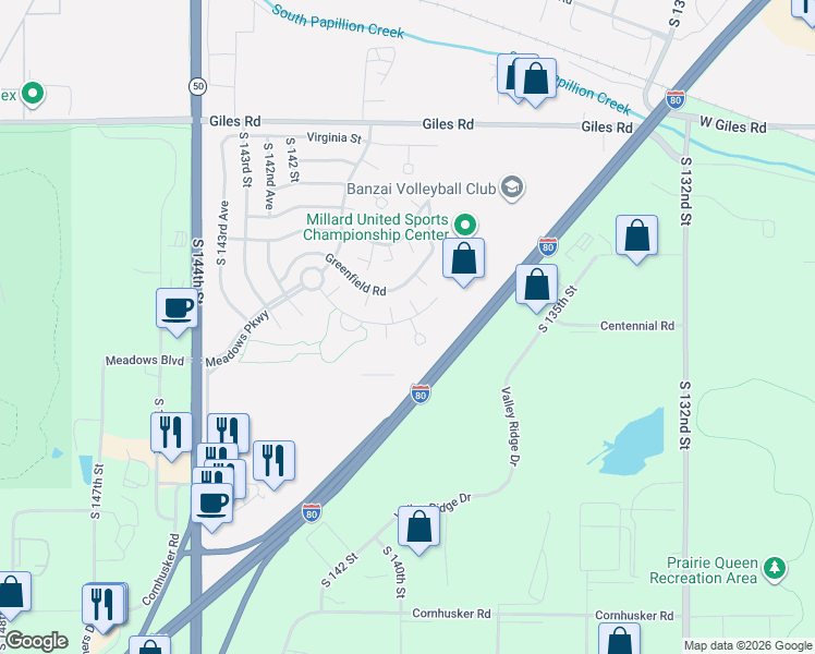 map of restaurants, bars, coffee shops, grocery stores, and more near 13838 Meadow Ridge Road in Omaha