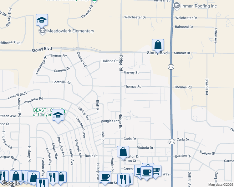 map of restaurants, bars, coffee shops, grocery stores, and more near 3399 Johnson St in Cheyenne