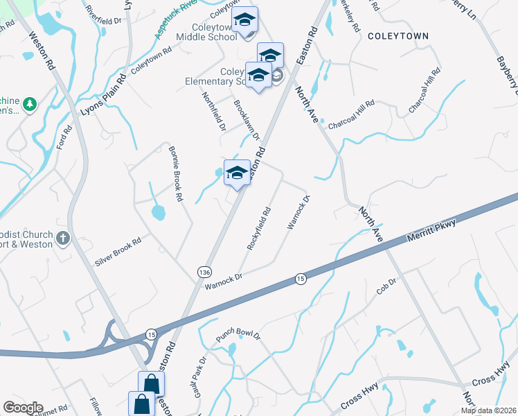 map of restaurants, bars, coffee shops, grocery stores, and more near 13 Rockyfield Road in Westport