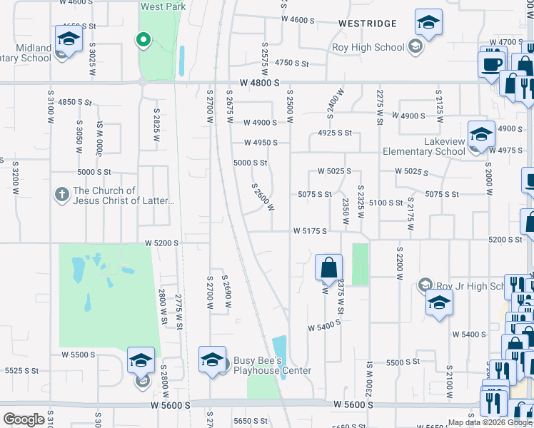 map of restaurants, bars, coffee shops, grocery stores, and more near 5125 South 2600 West in Roy