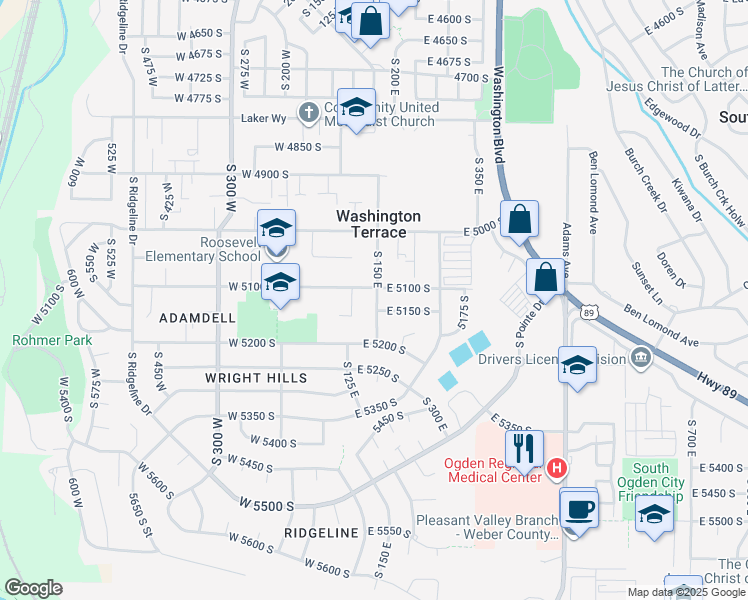 map of restaurants, bars, coffee shops, grocery stores, and more near 161 East 5100 South in Ogden