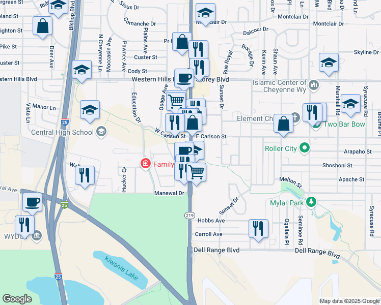 map of restaurants, bars, coffee shops, grocery stores, and more near 5542-5598 Yellowstone Rd in Cheyenne
