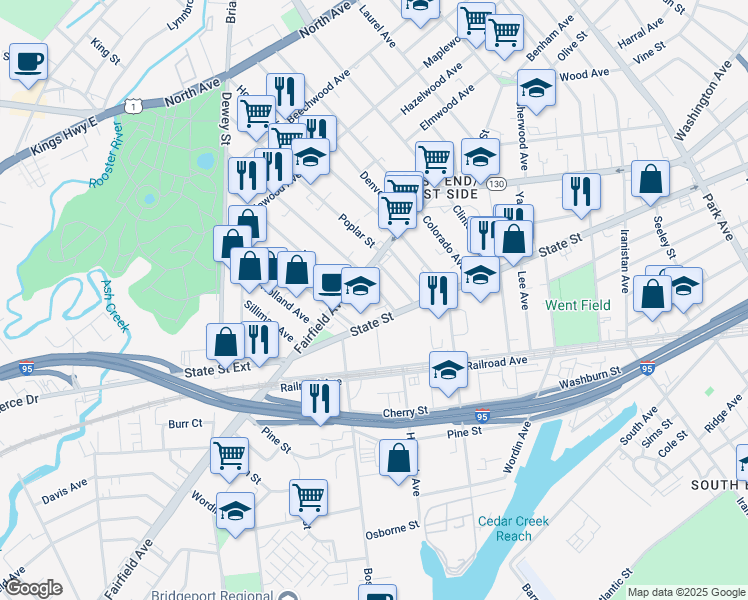 map of restaurants, bars, coffee shops, grocery stores, and more near 745 Hancock Avenue in Bridgeport
