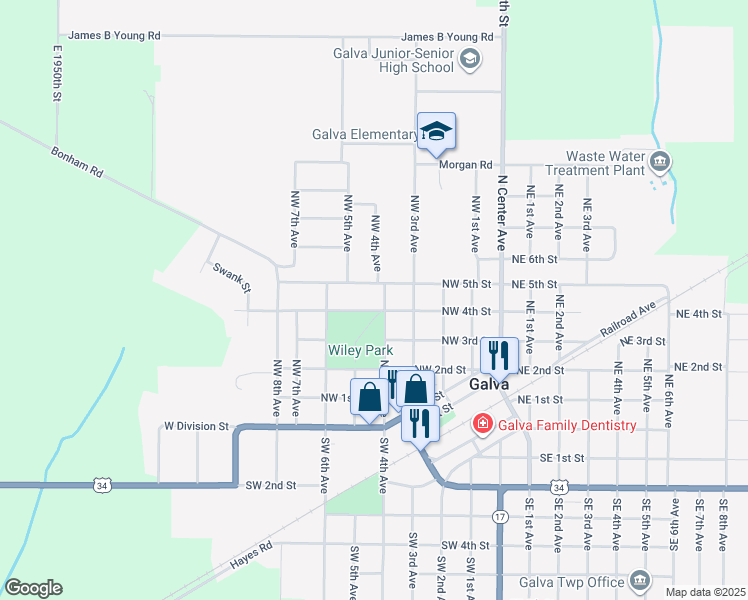 map of restaurants, bars, coffee shops, grocery stores, and more near 408 Northwest 4th Street in Galva