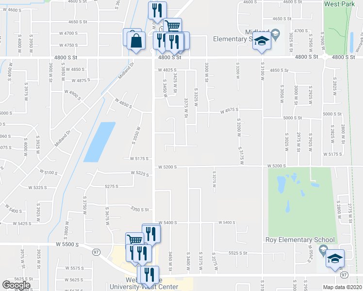 map of restaurants, bars, coffee shops, grocery stores, and more near 3398 5125 South in Roy