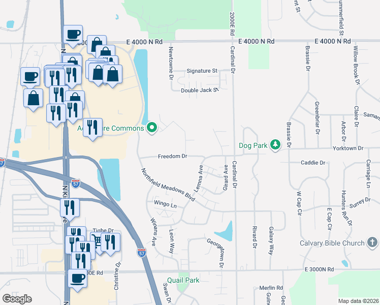 map of restaurants, bars, coffee shops, grocery stores, and more near 1501C Newtowne Drive in Bourbonnais