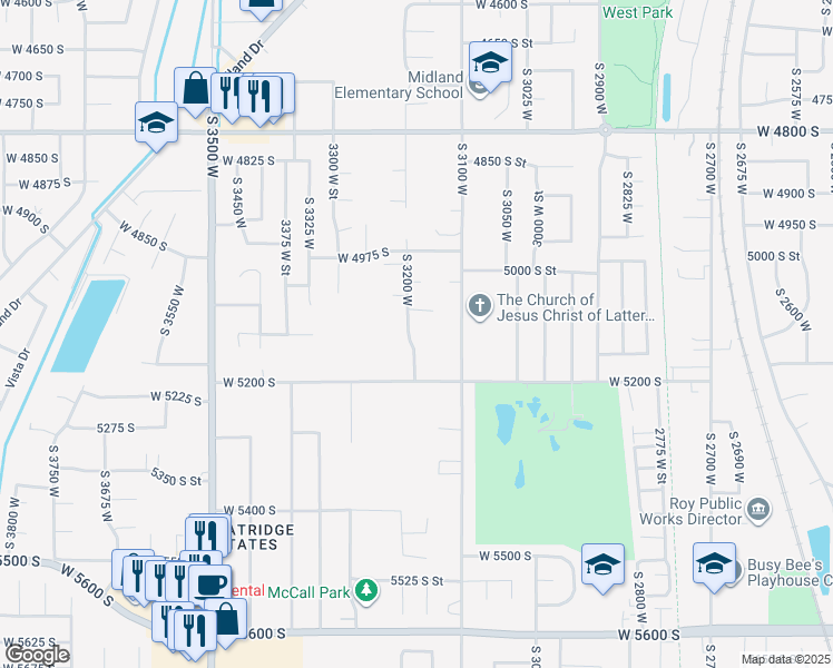 map of restaurants, bars, coffee shops, grocery stores, and more near 5128 South 3200 West in Roy
