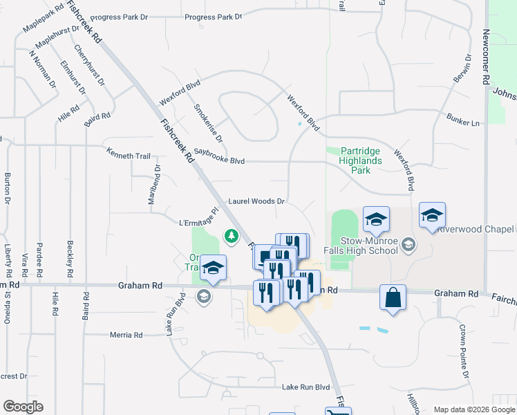 map of restaurants, bars, coffee shops, grocery stores, and more near 2810 Laurel Woods Drive in Stow