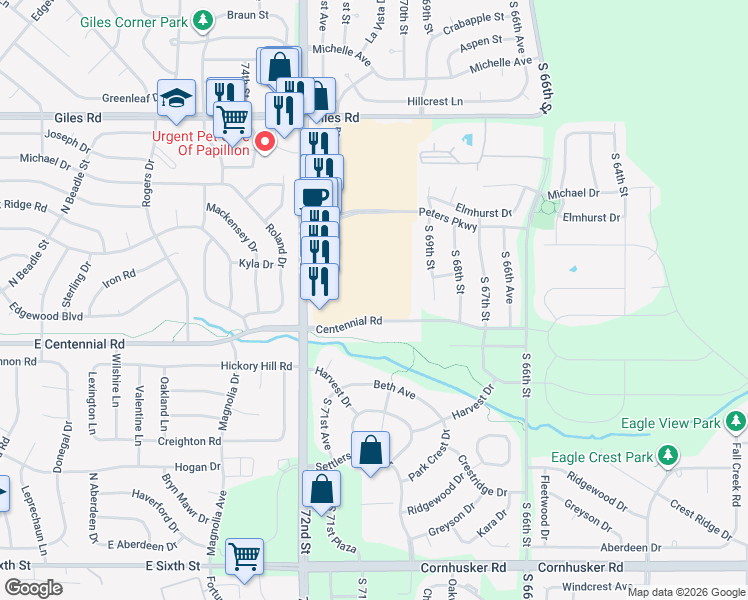 map of restaurants, bars, coffee shops, grocery stores, and more near 8909 South 71st Plaza in Papillion