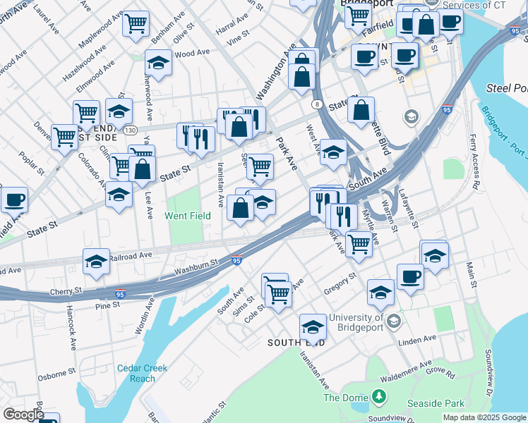 map of restaurants, bars, coffee shops, grocery stores, and more near 149 Black Rock Avenue in Bridgeport