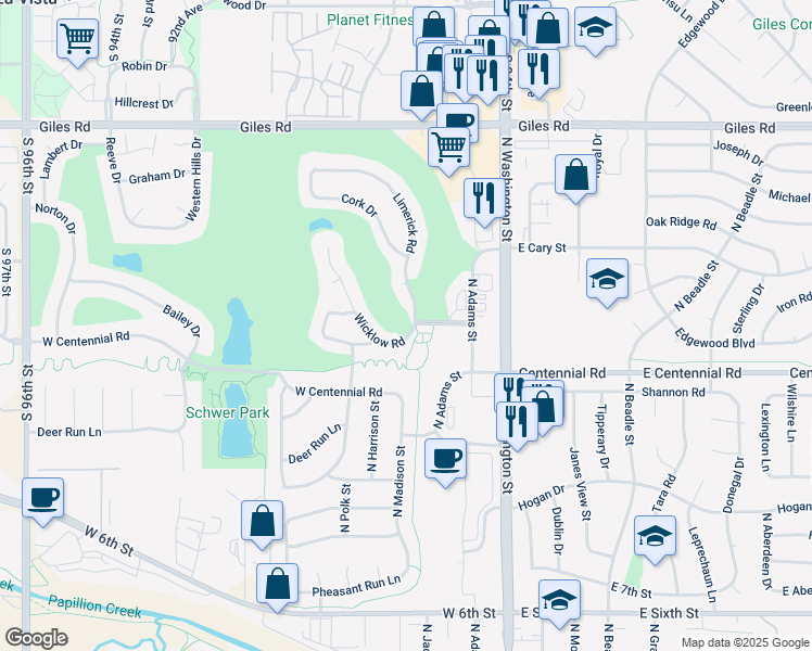 map of restaurants, bars, coffee shops, grocery stores, and more near 211 Shillaelagh Boulevard in Papillion