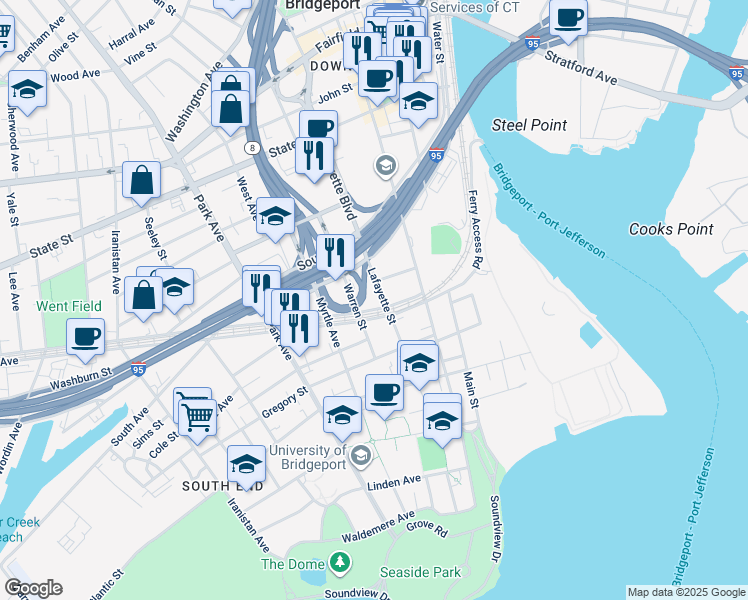 map of restaurants, bars, coffee shops, grocery stores, and more near 537 Lafayette Street in Bridgeport