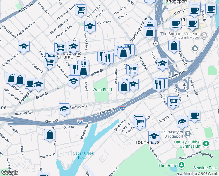 map of restaurants, bars, coffee shops, grocery stores, and more near 727 Iranistan Avenue in Bridgeport