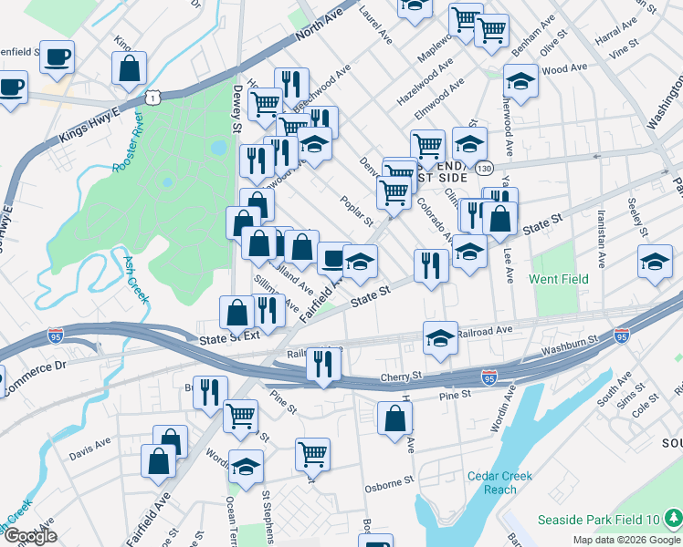 map of restaurants, bars, coffee shops, grocery stores, and more near 1644 Fairfield Avenue in Bridgeport