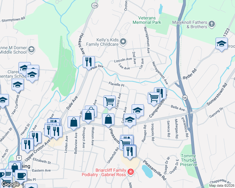 map of restaurants, bars, coffee shops, grocery stores, and more near 33 Forest Avenue in Ossining