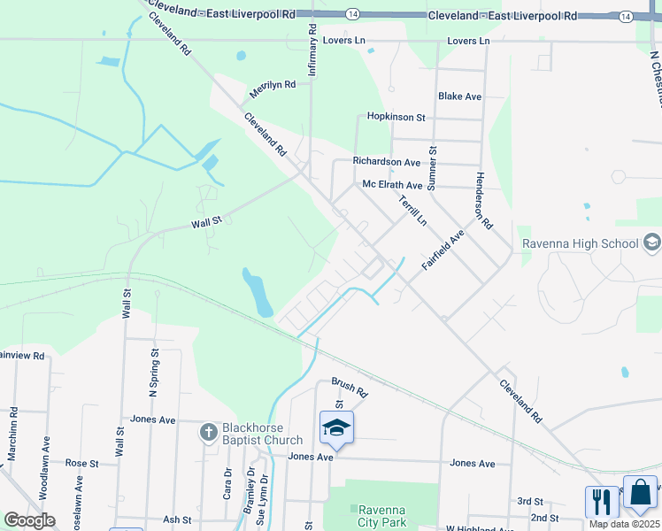 map of restaurants, bars, coffee shops, grocery stores, and more near 6615 Cleveland Road in Ravenna