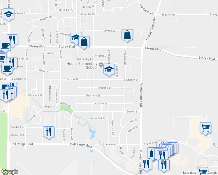 map of restaurants, bars, coffee shops, grocery stores, and more near 5601 Syracuse Road in Cheyenne