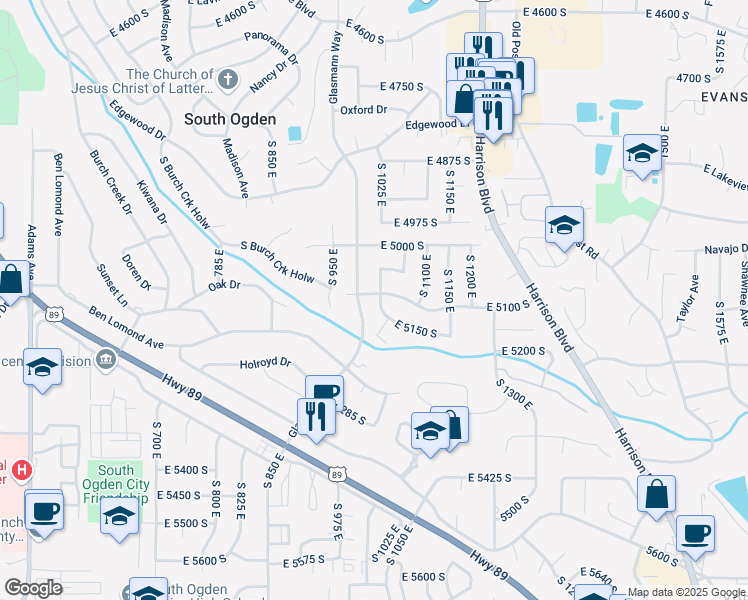 map of restaurants, bars, coffee shops, grocery stores, and more near 1047 East 5100 South in Ogden