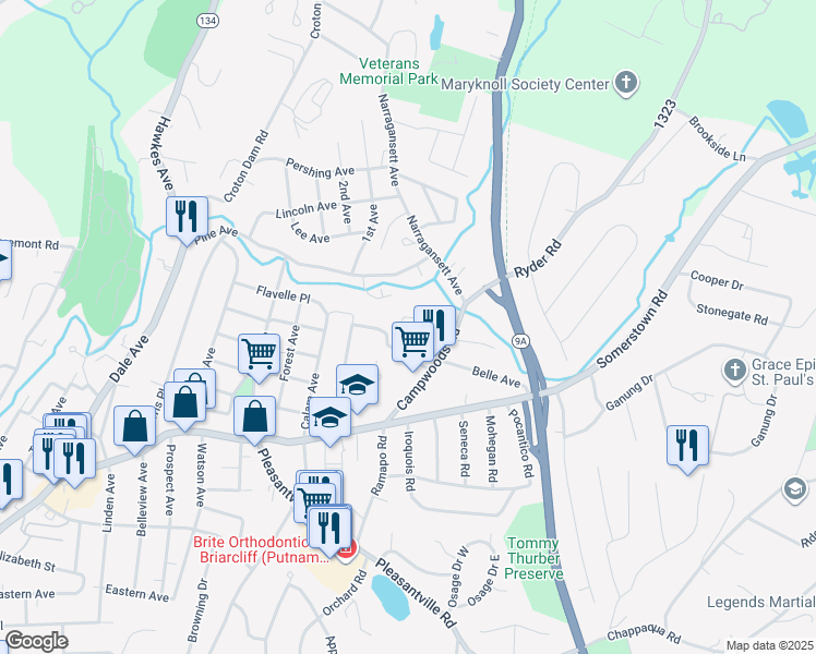 map of restaurants, bars, coffee shops, grocery stores, and more near 50 Campwoods Grounds in Ossining