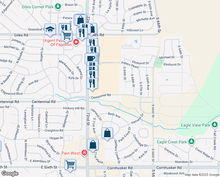 map of restaurants, bars, coffee shops, grocery stores, and more near 8909 South 71st Plaza in Papillion