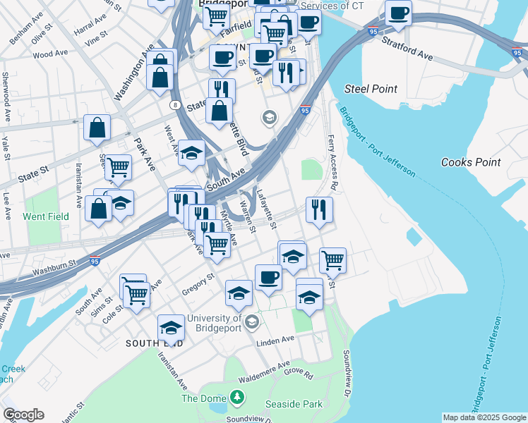 map of restaurants, bars, coffee shops, grocery stores, and more near 531 Lafayette Street in Bridgeport