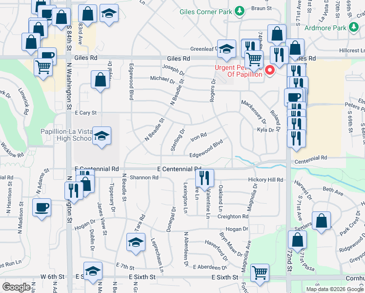 map of restaurants, bars, coffee shops, grocery stores, and more near 906 Iron Road in Papillion