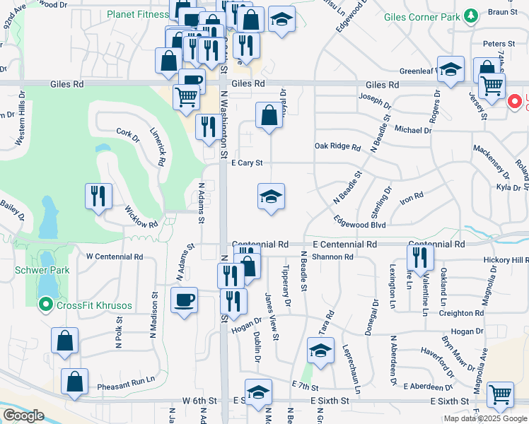 map of restaurants, bars, coffee shops, grocery stores, and more near 402 East Centennial Road in Papillion