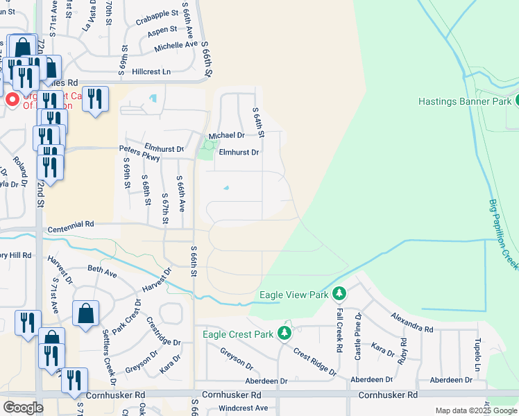 map of restaurants, bars, coffee shops, grocery stores, and more near 6419 Kyla Drive in Omaha