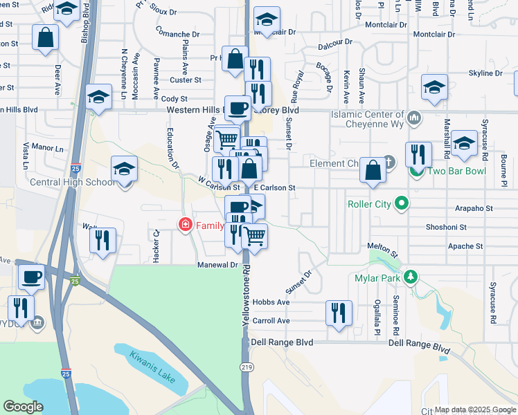map of restaurants, bars, coffee shops, grocery stores, and more near 5522 Lawrence Lane in Cheyenne