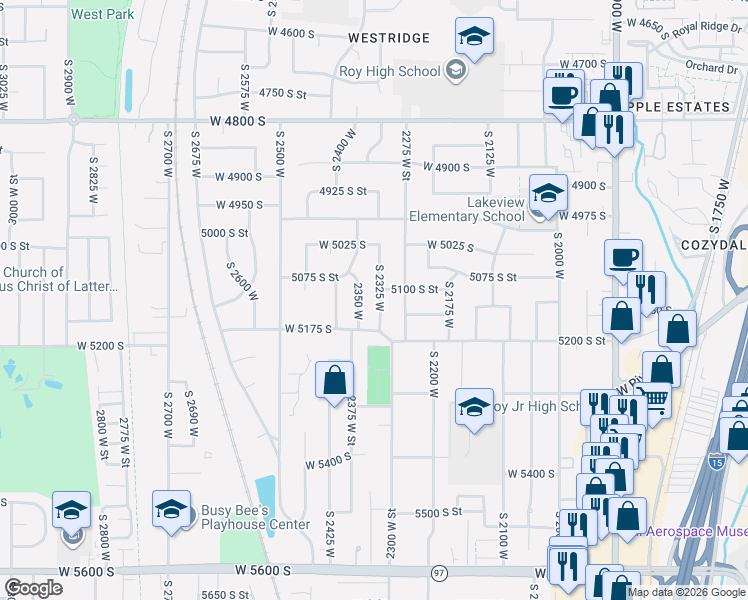 map of restaurants, bars, coffee shops, grocery stores, and more near 5121 South 2325 West in Roy