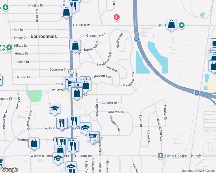 map of restaurants, bars, coffee shops, grocery stores, and more near 226 Meadows Road South in Bourbonnais