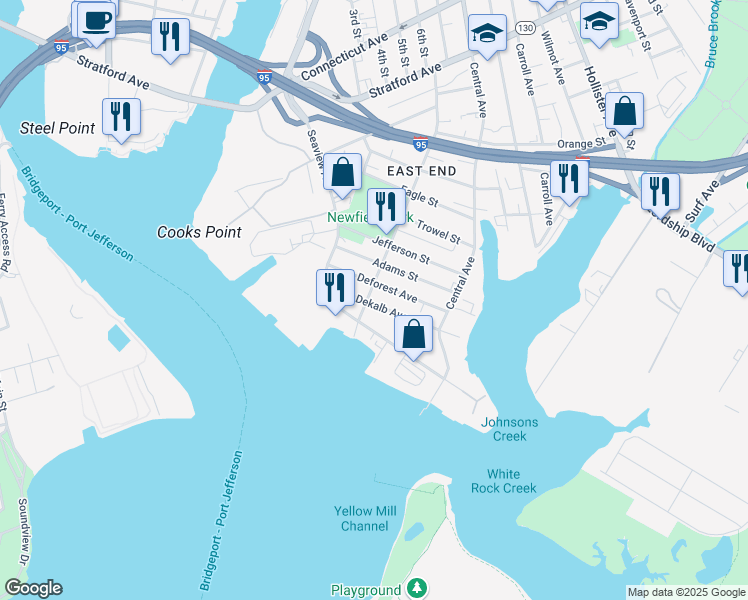 map of restaurants, bars, coffee shops, grocery stores, and more near 100 Newfield Avenue in Bridgeport