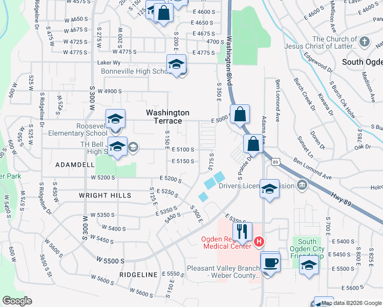 map of restaurants, bars, coffee shops, grocery stores, and more near 269 East 5100 South in Washington Terrace