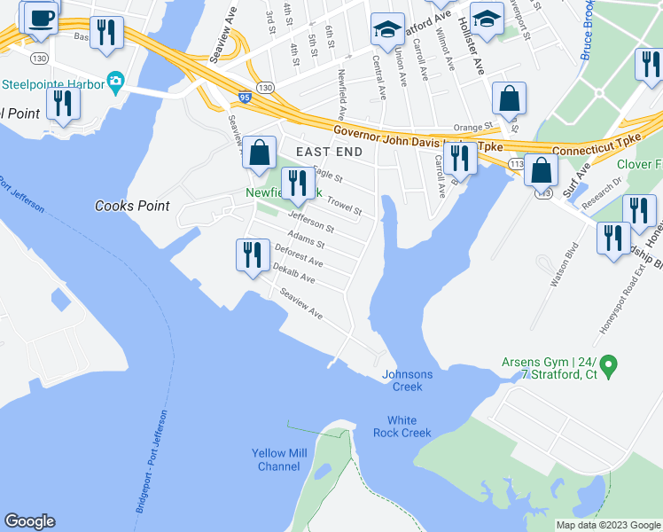 map of restaurants, bars, coffee shops, grocery stores, and more near 270 Adams Street in Bridgeport