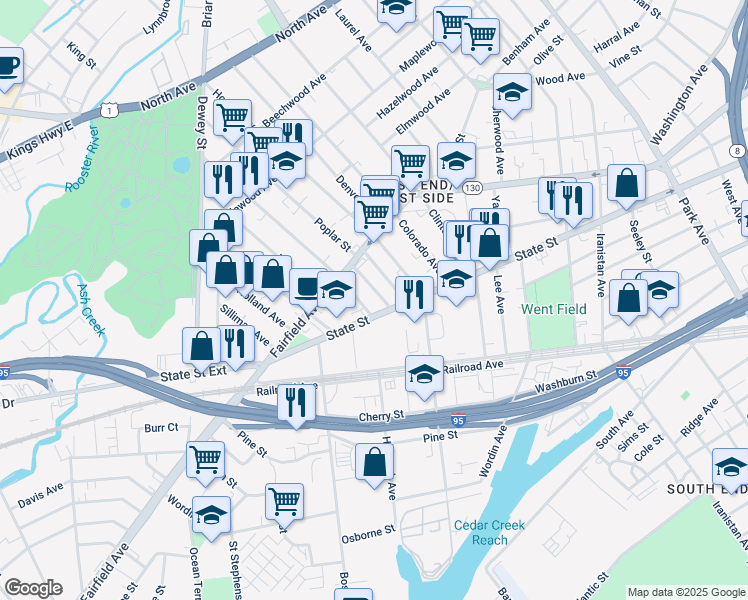 map of restaurants, bars, coffee shops, grocery stores, and more near 30 Butler Avenue in Bridgeport