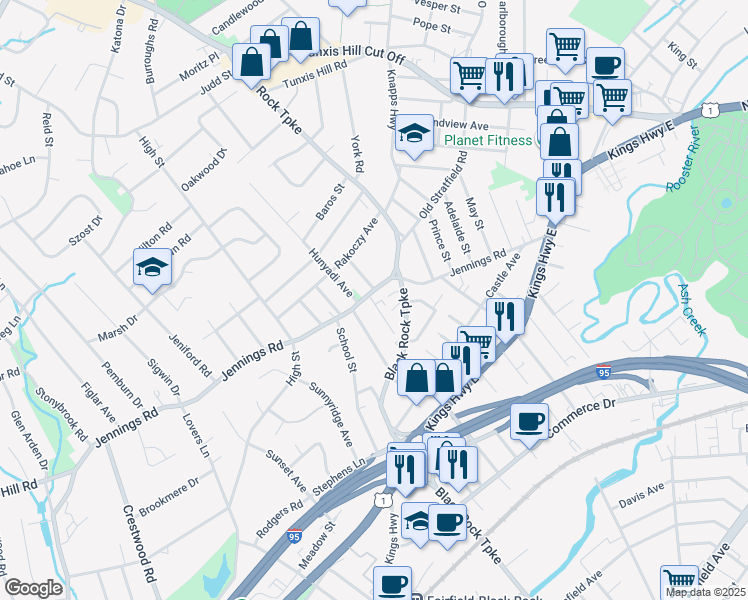 map of restaurants, bars, coffee shops, grocery stores, and more near 855 Black Rock Turnpike in Fairfield