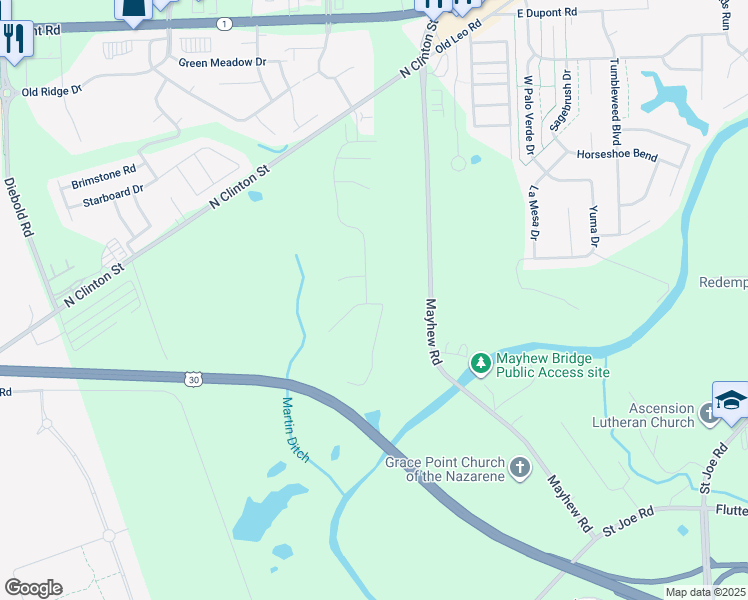 map of restaurants, bars, coffee shops, grocery stores, and more near 9401 Mayhew Road in Fort Wayne