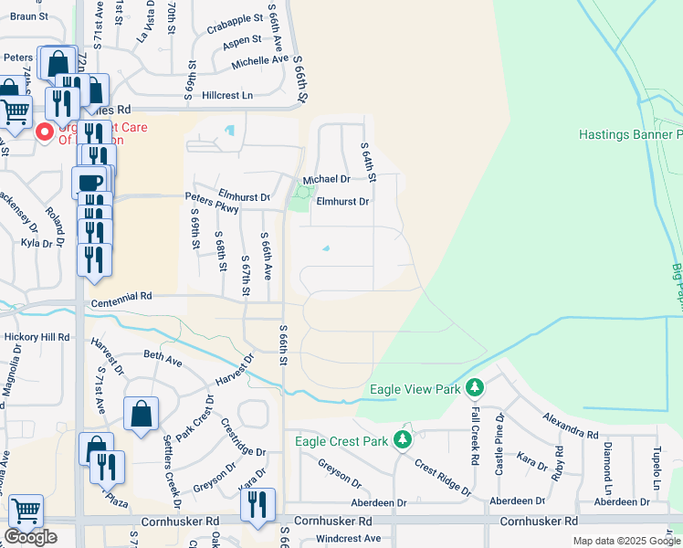 map of restaurants, bars, coffee shops, grocery stores, and more near 6427 Kyla Drive in Omaha