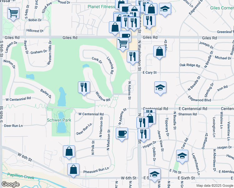 map of restaurants, bars, coffee shops, grocery stores, and more near 1001 Limerick Road in Papillion