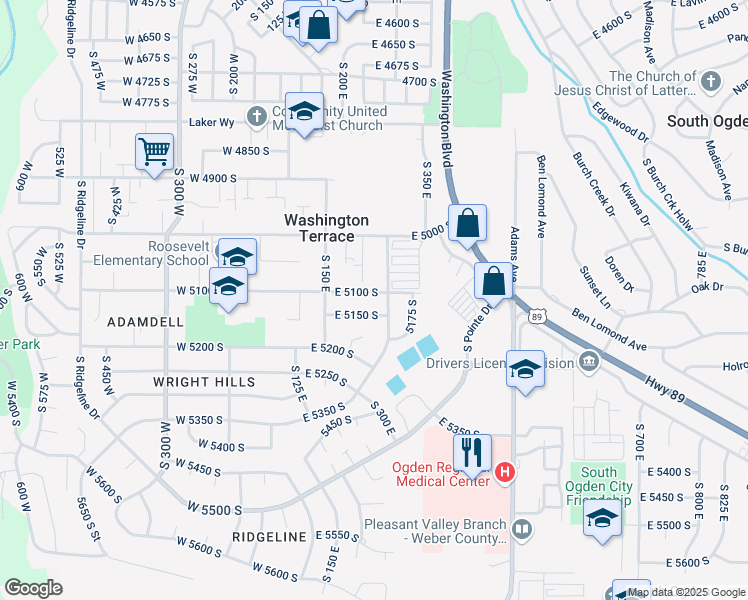 map of restaurants, bars, coffee shops, grocery stores, and more near 269 East 5100 South in Washington Terrace