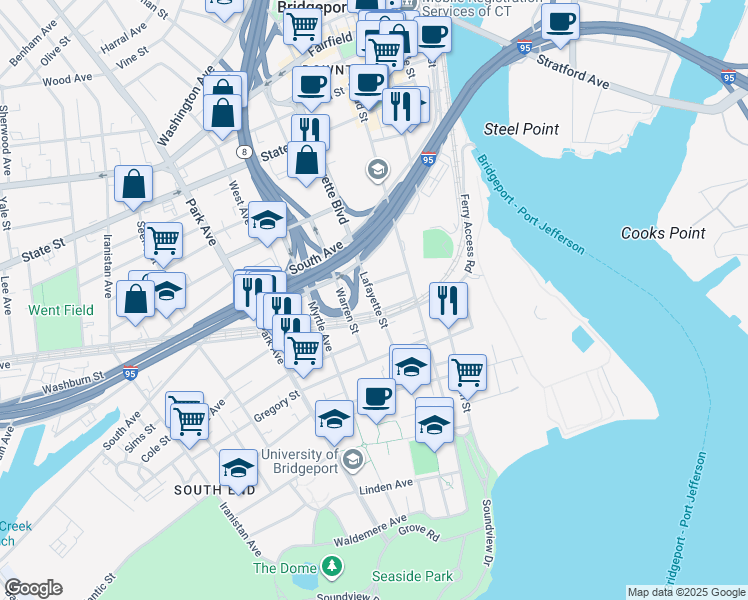 map of restaurants, bars, coffee shops, grocery stores, and more near 531 Lafayette Street in Bridgeport