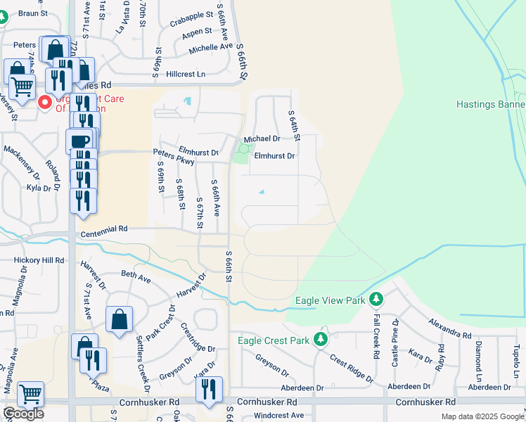 map of restaurants, bars, coffee shops, grocery stores, and more near 6427 Kyla Drive in Omaha