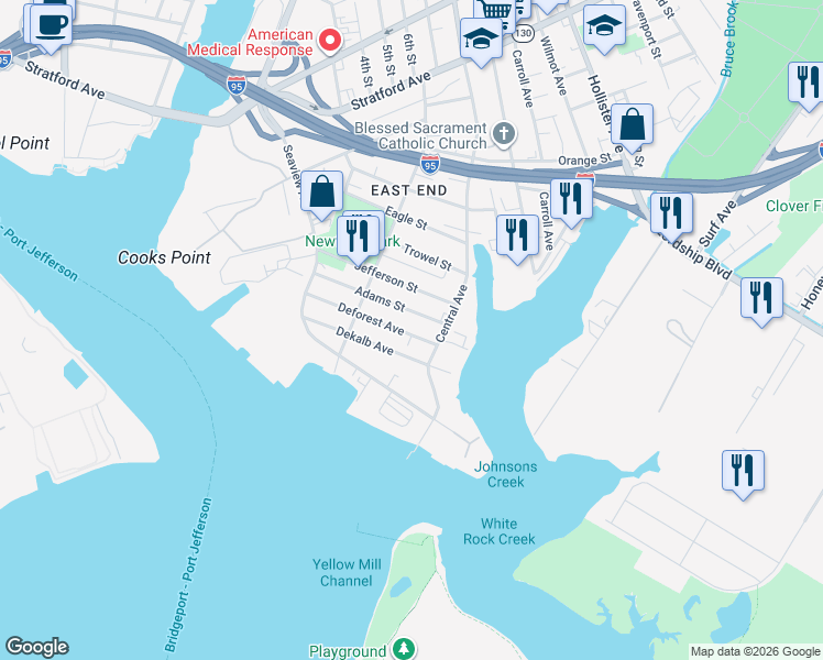map of restaurants, bars, coffee shops, grocery stores, and more near 270 Adams Street in Bridgeport