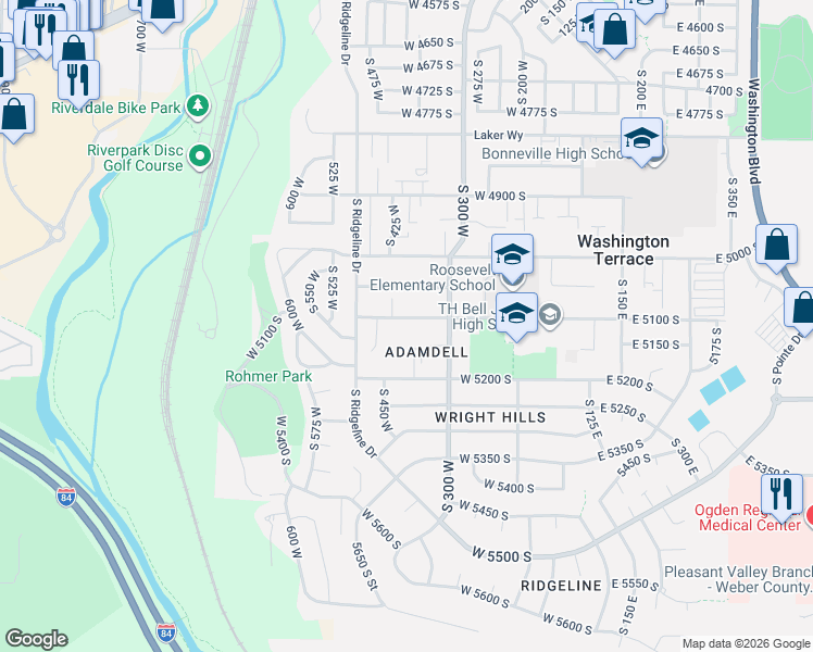 map of restaurants, bars, coffee shops, grocery stores, and more near 391 West 5100 South in Washington Terrace