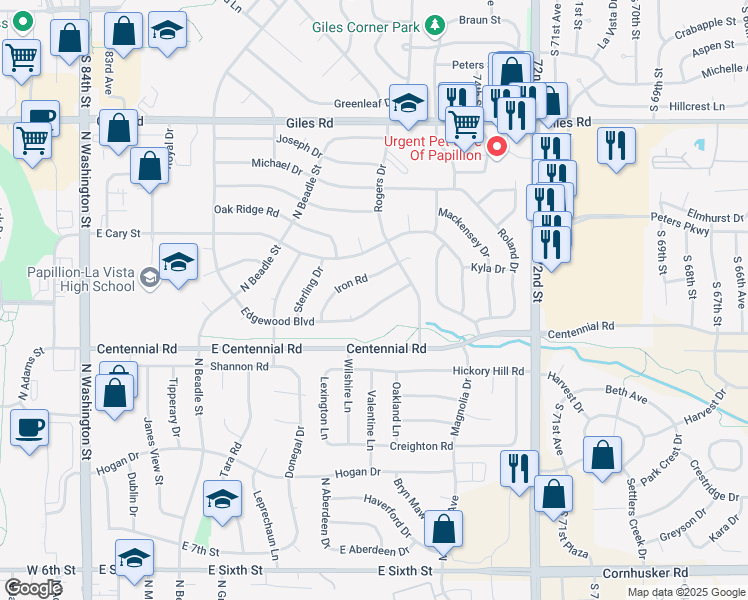 map of restaurants, bars, coffee shops, grocery stores, and more near 914 Edgewood Boulevard in Papillion