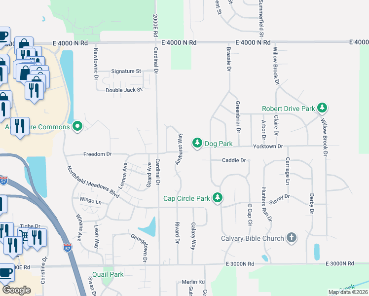 map of restaurants, bars, coffee shops, grocery stores, and more near 1602 Amhurst Way in Bourbonnais