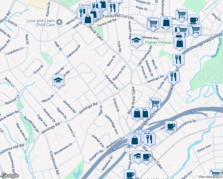 map of restaurants, bars, coffee shops, grocery stores, and more near 46 Renchy Street in Fairfield